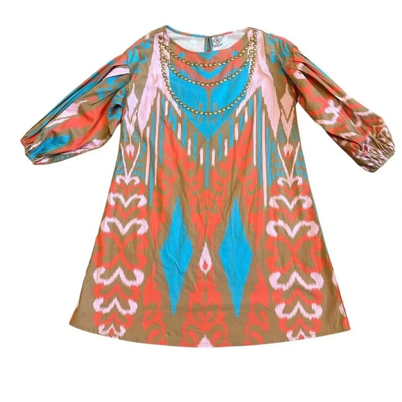 Sheridan French Madison Dress Caramel Ikat Print Bold Boho Flowy Size XS Women's - Picture 1 of 15